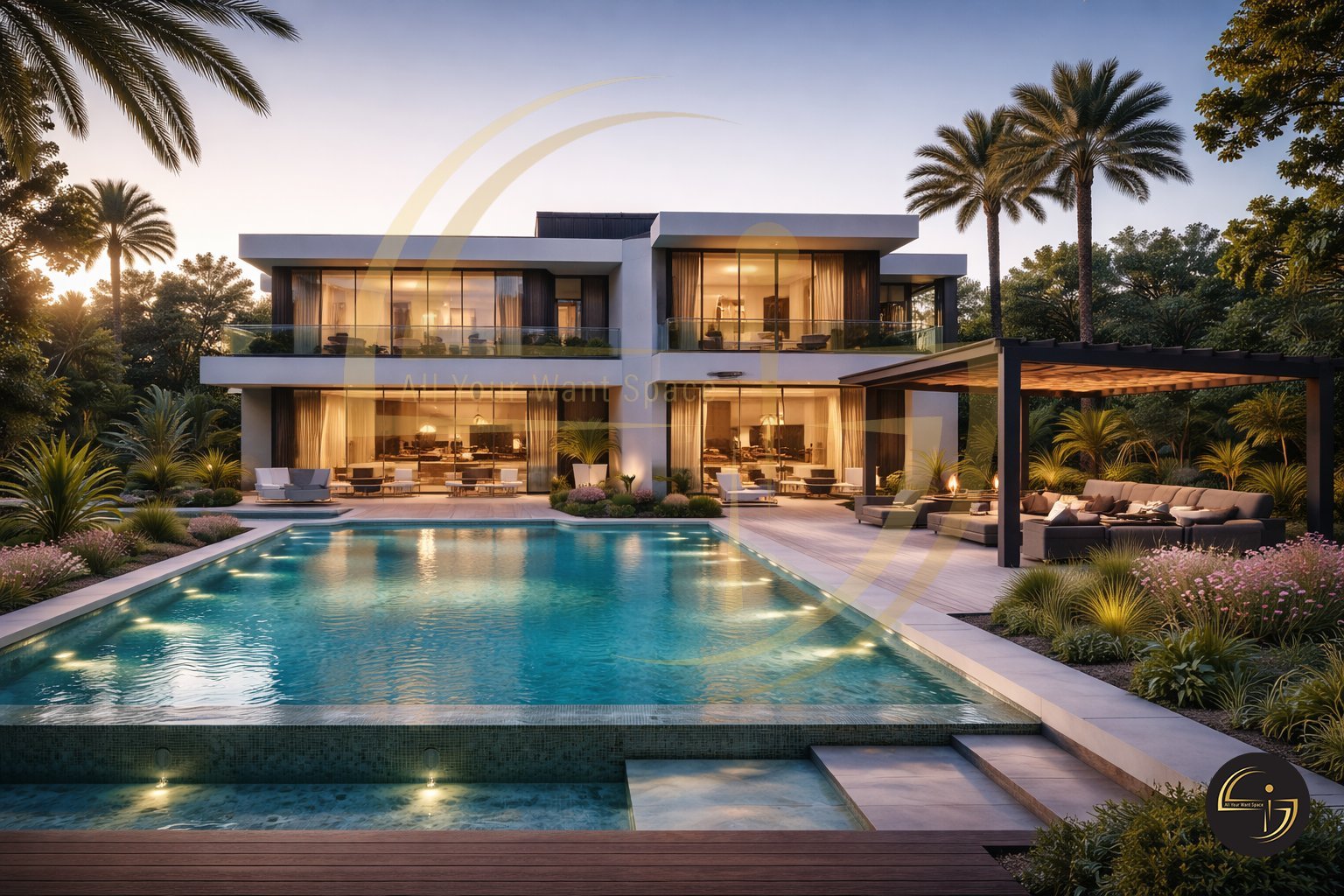 Modern white villa with illuminated interiors, resort-style pool, palm trees, and lounge seating at dusk